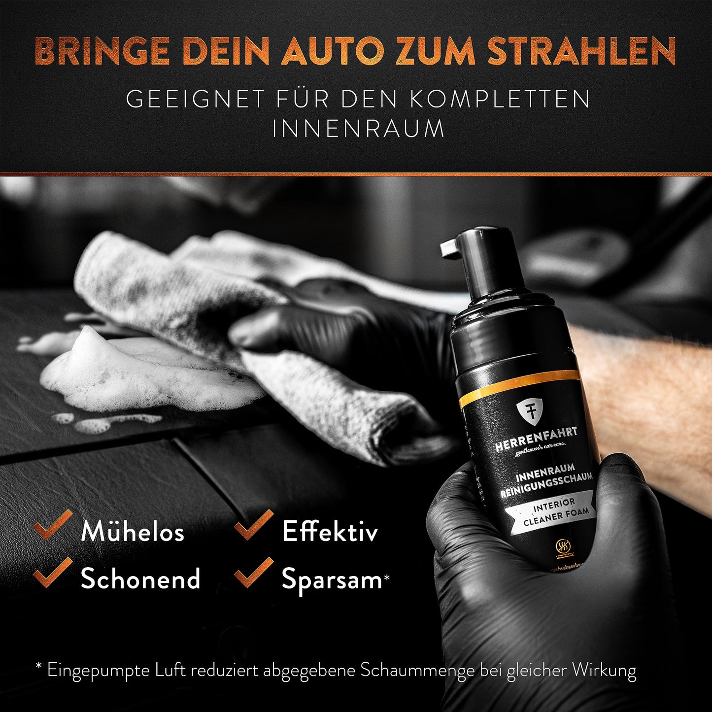 HERRENFAHRT Cockpitpflege Auto Innenraum Reiniger Set - Premium Aktivschaum Innenraumreiniger Auto Universal Autositz Reiniger Cockpit Reiniger inkl Reinigungspad & Auto Trockentuch - Made in Germany