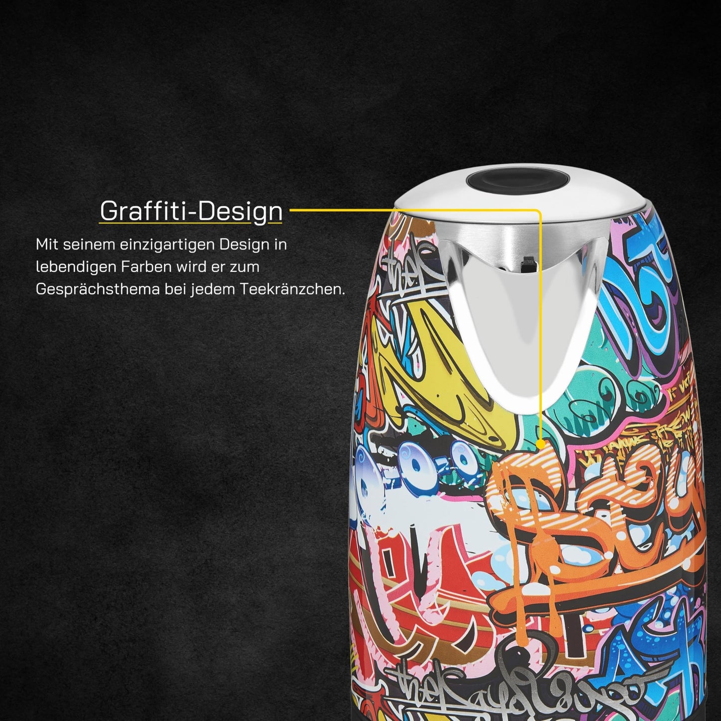 "Schnell erhitzendes Wasser: 1,7L Graffiti-Stil Wasserkocher für frischen Genuss"