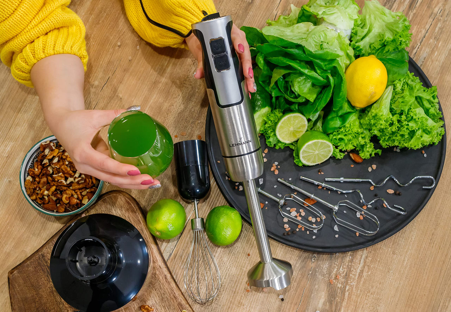 "Vielseitiger 6-in-1 Stabmixer: 1300 W Turbo-Power in elegantem Silber!"