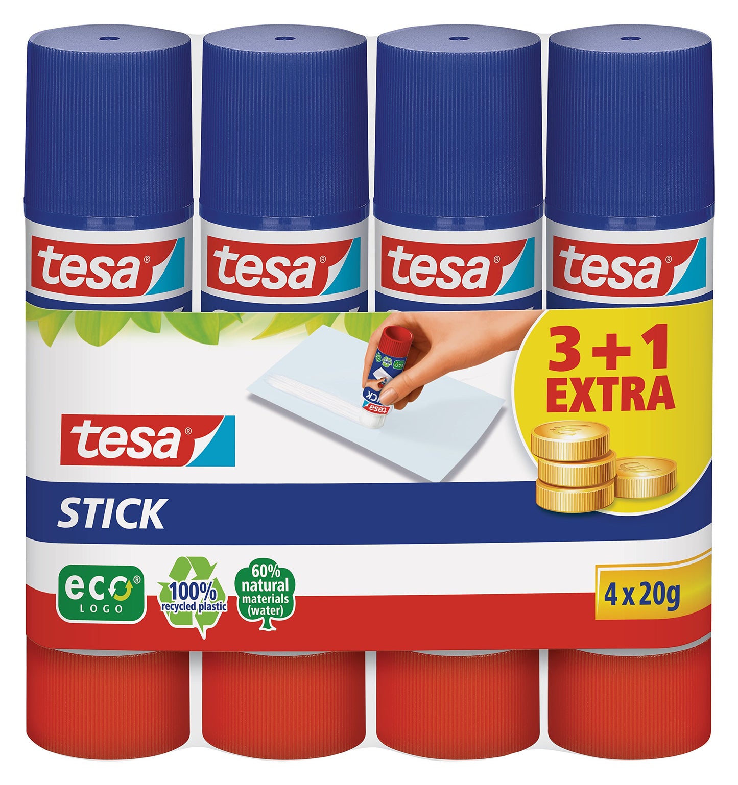 tesa Stick ecoLogo - Geruchsneutraler Klebestift für Papier und Pappe - Lösungsmittelfrei und Umweltschonend - 4 x 20 g