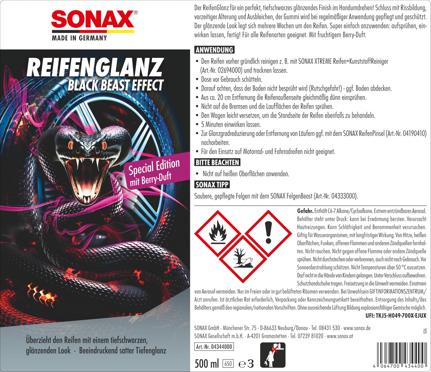 "Strahlende Reifenpflege: 500ml Schutz mit Tiefenglanz und Beeren-Duft!"