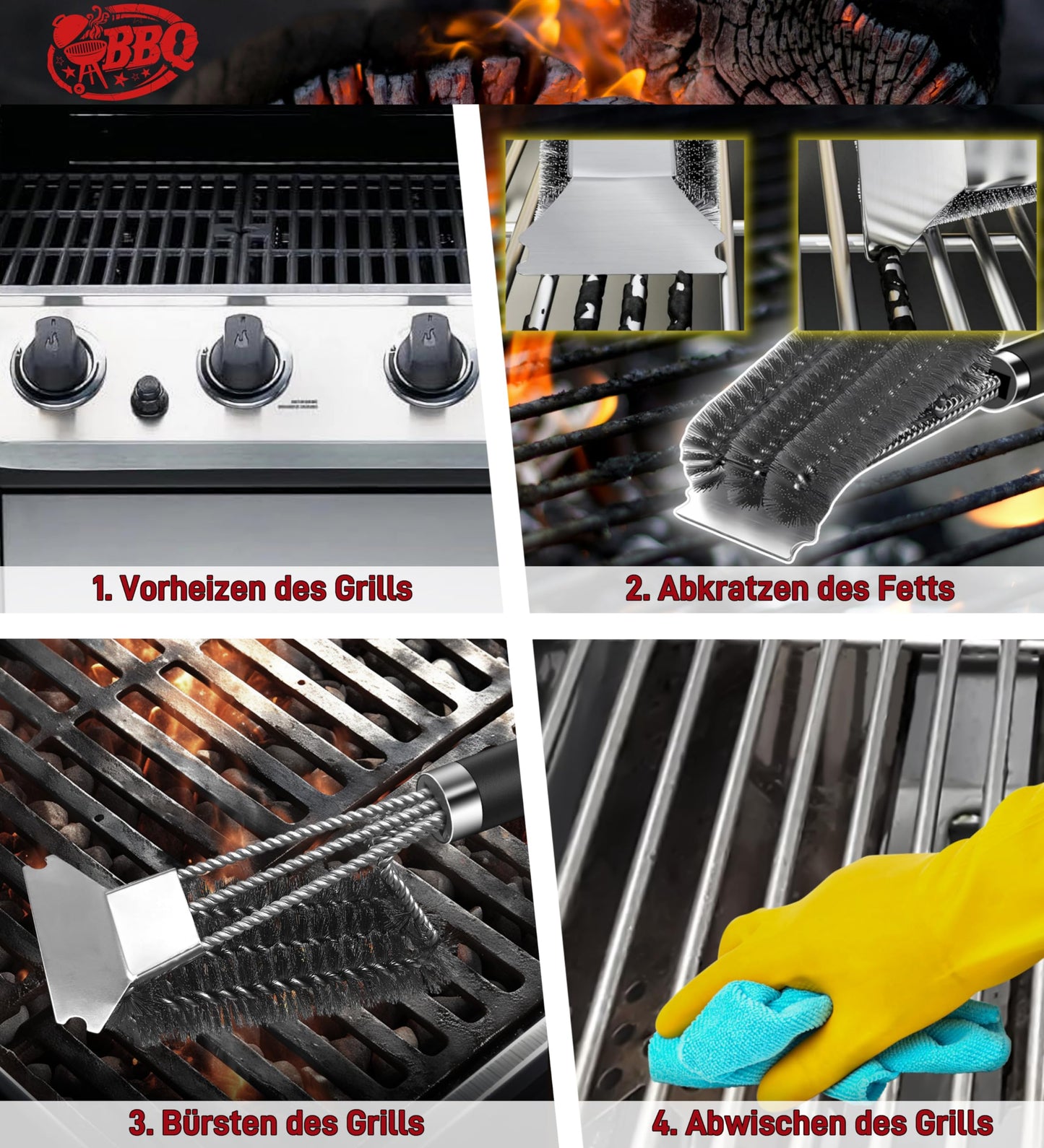 "Effektive Reinigung: 3in1 Grillbürste mit Edelstahl-Schaber in Schwarz"