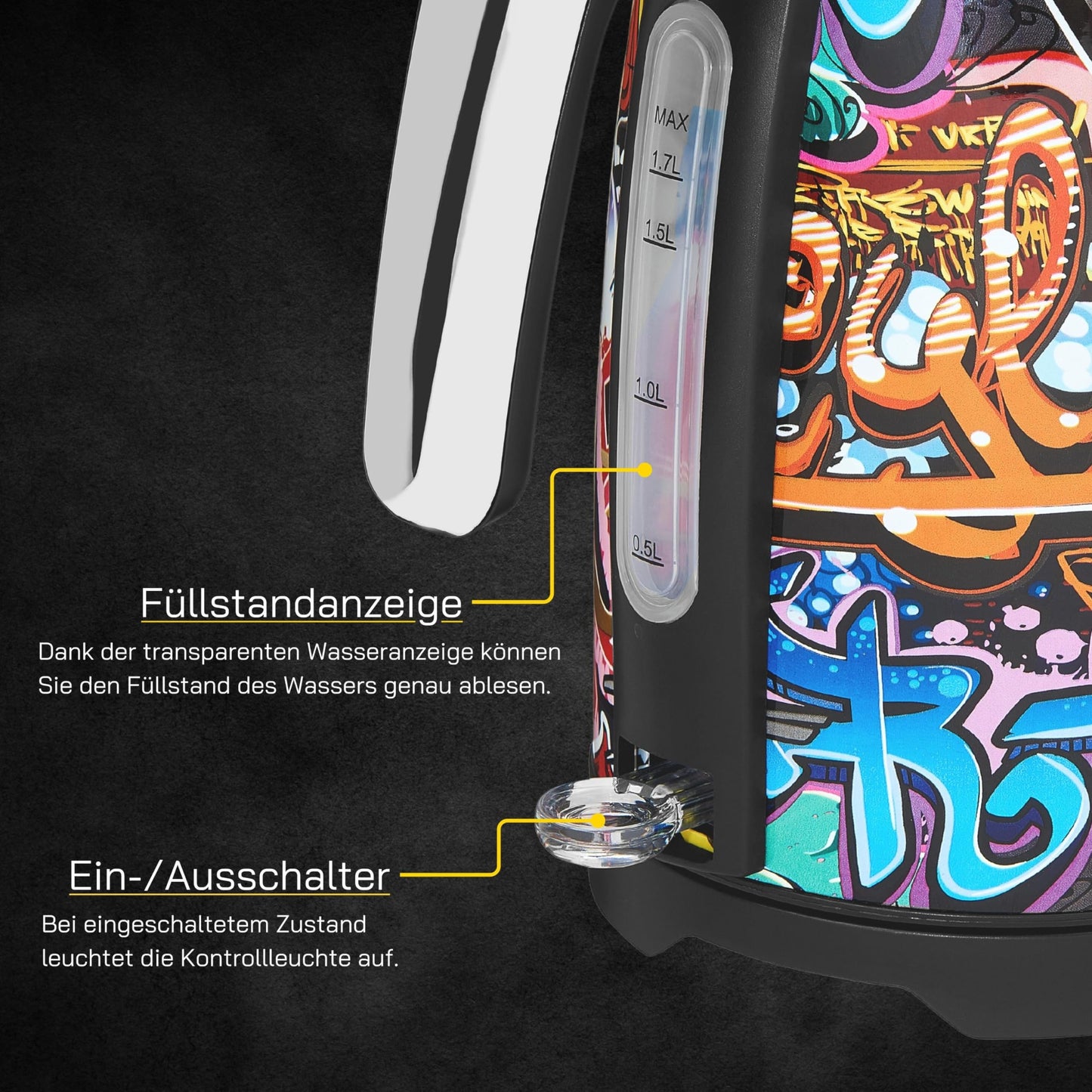 "Schnell erhitzendes Wasser: 1,7L Graffiti-Stil Wasserkocher für frischen Genuss"