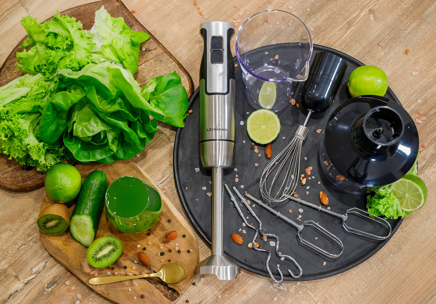 "Vielseitiger 6-in-1 Stabmixer: 1300 W Turbo-Power in elegantem Silber!"