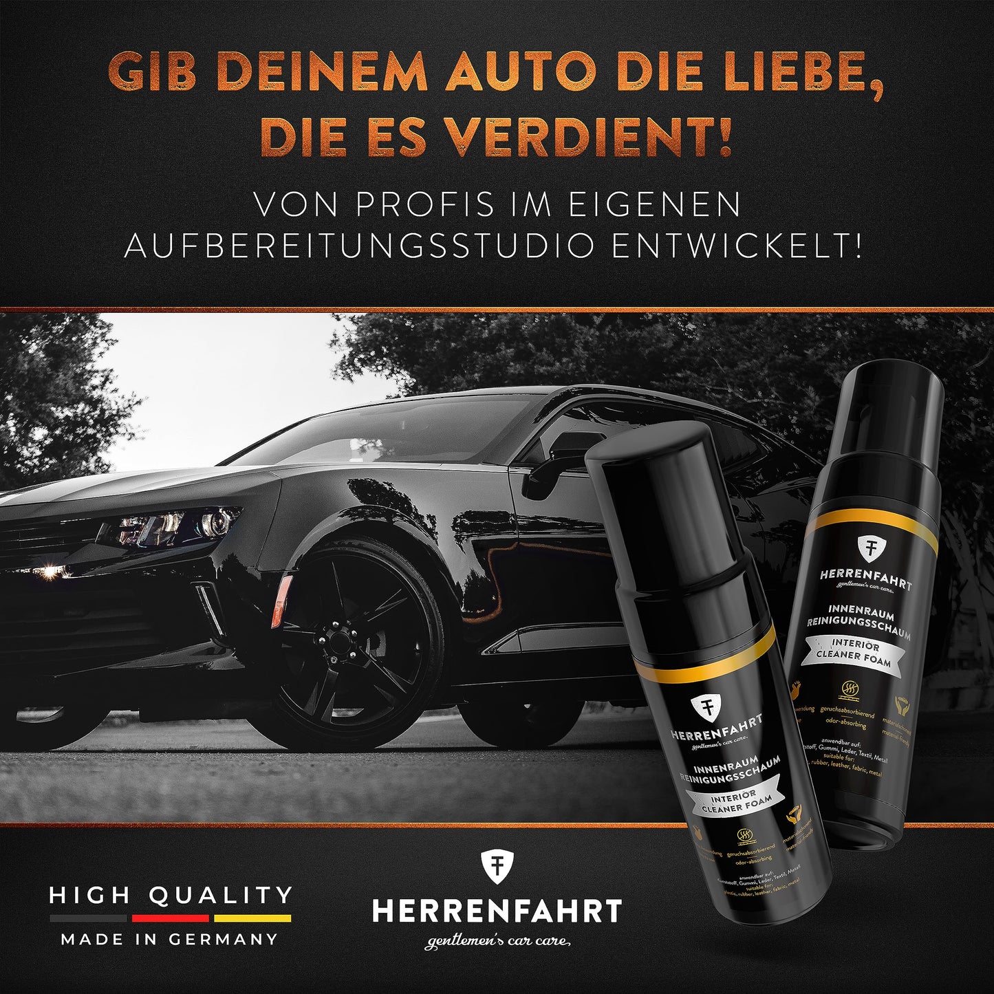 HERRENFAHRT Cockpitpflege Auto Innenraum Reiniger Set - Premium Aktivschaum Innenraumreiniger Auto Universal Autositz Reiniger Cockpit Reiniger inkl Reinigungspad & Auto Trockentuch - Made in Germany