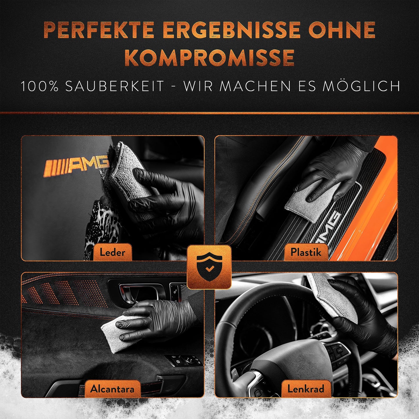 HERRENFAHRT Cockpitpflege Auto Innenraum Reiniger Set - Premium Aktivschaum Innenraumreiniger Auto Universal Autositz Reiniger Cockpit Reiniger inkl Reinigungspad & Auto Trockentuch - Made in Germany