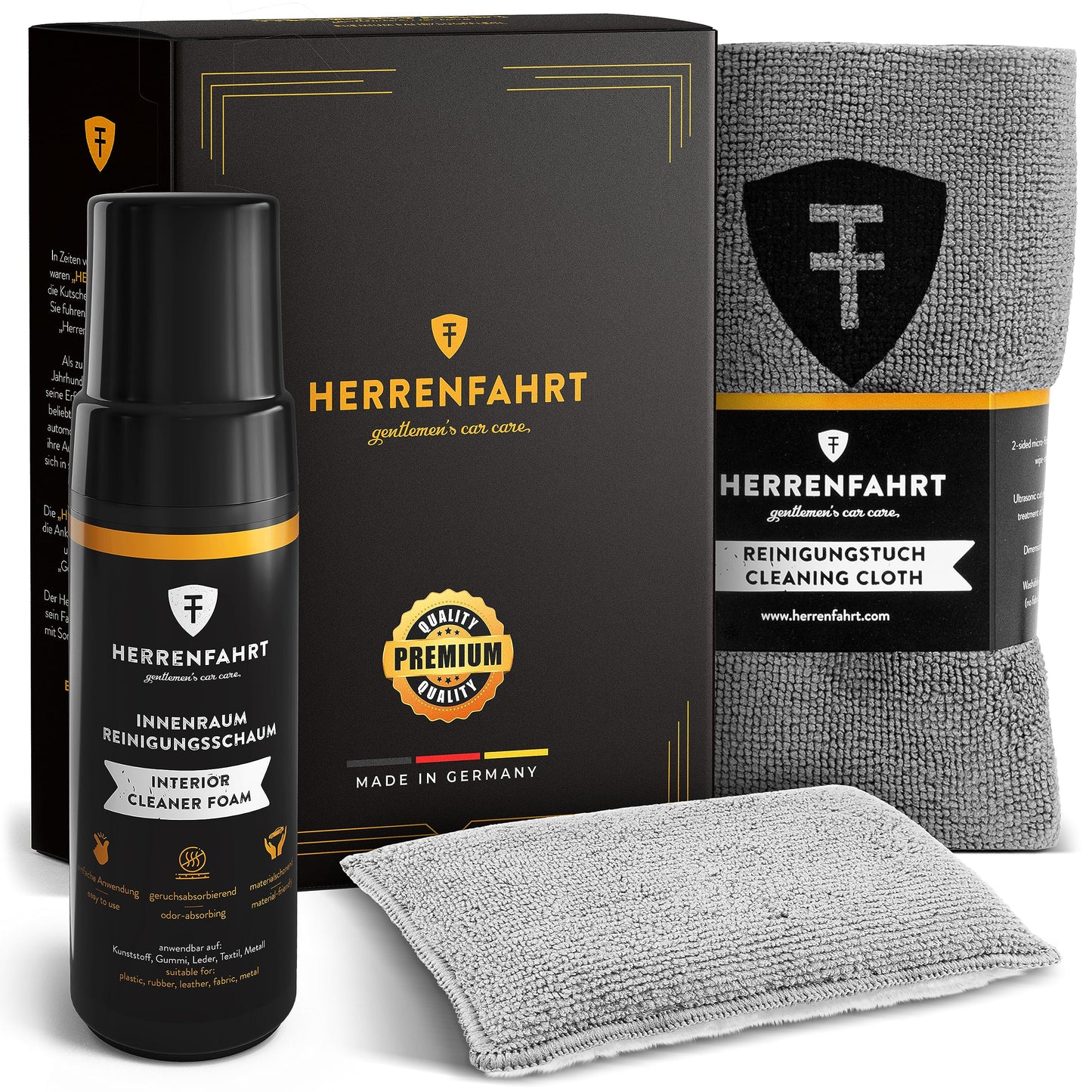 HERRENFAHRT Cockpitpflege Auto Innenraum Reiniger Set - Premium Aktivschaum Innenraumreiniger Auto Universal Autositz Reiniger Cockpit Reiniger inkl Reinigungspad & Auto Trockentuch - Made in Germany