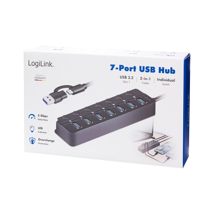 "Maximale Connectivity: 7-Port USB Hub in Schwarz mit Ein/Aus-Schaltern"