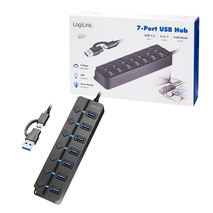 "Maximale Connectivity: 7-Port USB Hub in Schwarz mit Ein/Aus-Schaltern"