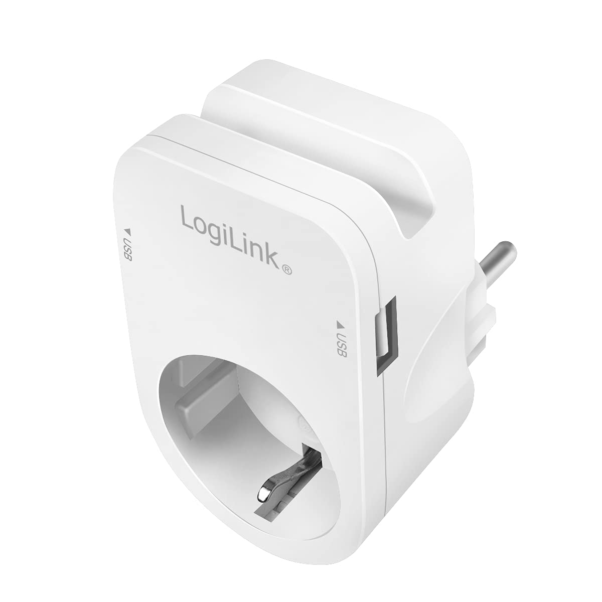 "Praktischer 2x USB Steckdosenadapter mit Smartphonehalterung in Weiß"