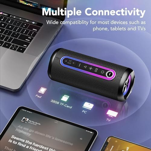 Bluetooth Lautsprecher mit Licht, Bluetooth 5.4 Musikbox, 30W Dual Lautsprecher, Duale Bass-Treiber, 30 Std Akku, IPX7 wasserdicht, TWS Paarung, AUX, TF Karte, Geeignet Outdoor/Party/Reisen, Schwarz
