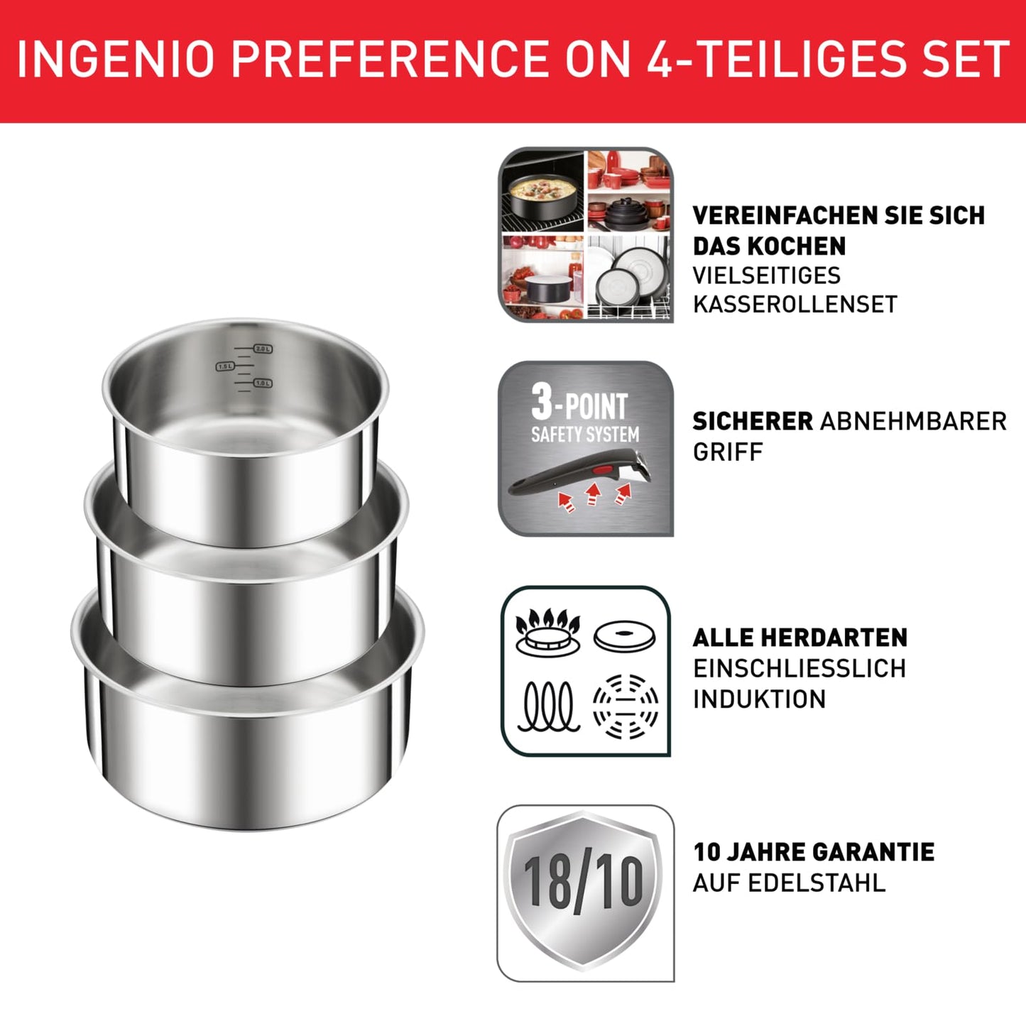 Tefal Ingenio Preference On 4-teiliges Kasserollenset, Edelstahl Topfset mit abnehmbarem Griff
