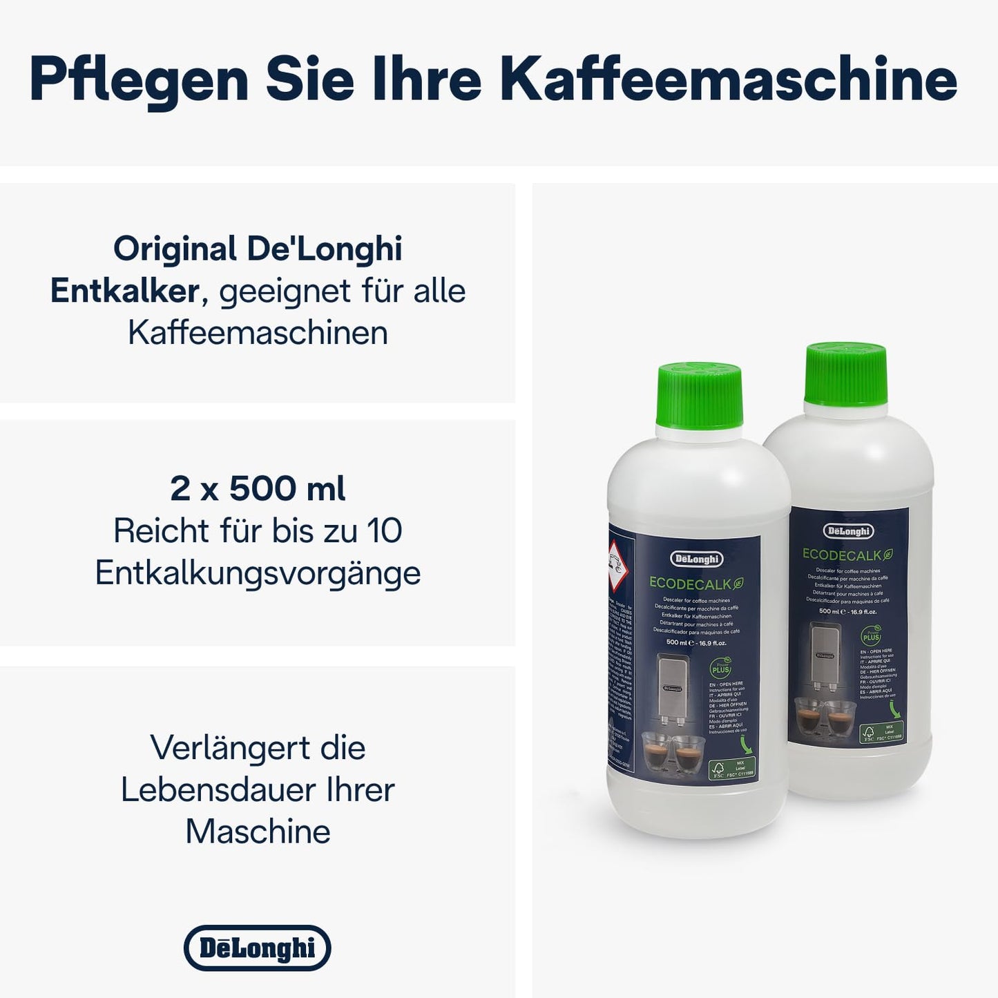 De'Longhi EcoDecalk DLSC502 Entkalker 2x500ml - Sanfte Pflege für Ihre Kaffeemaschine