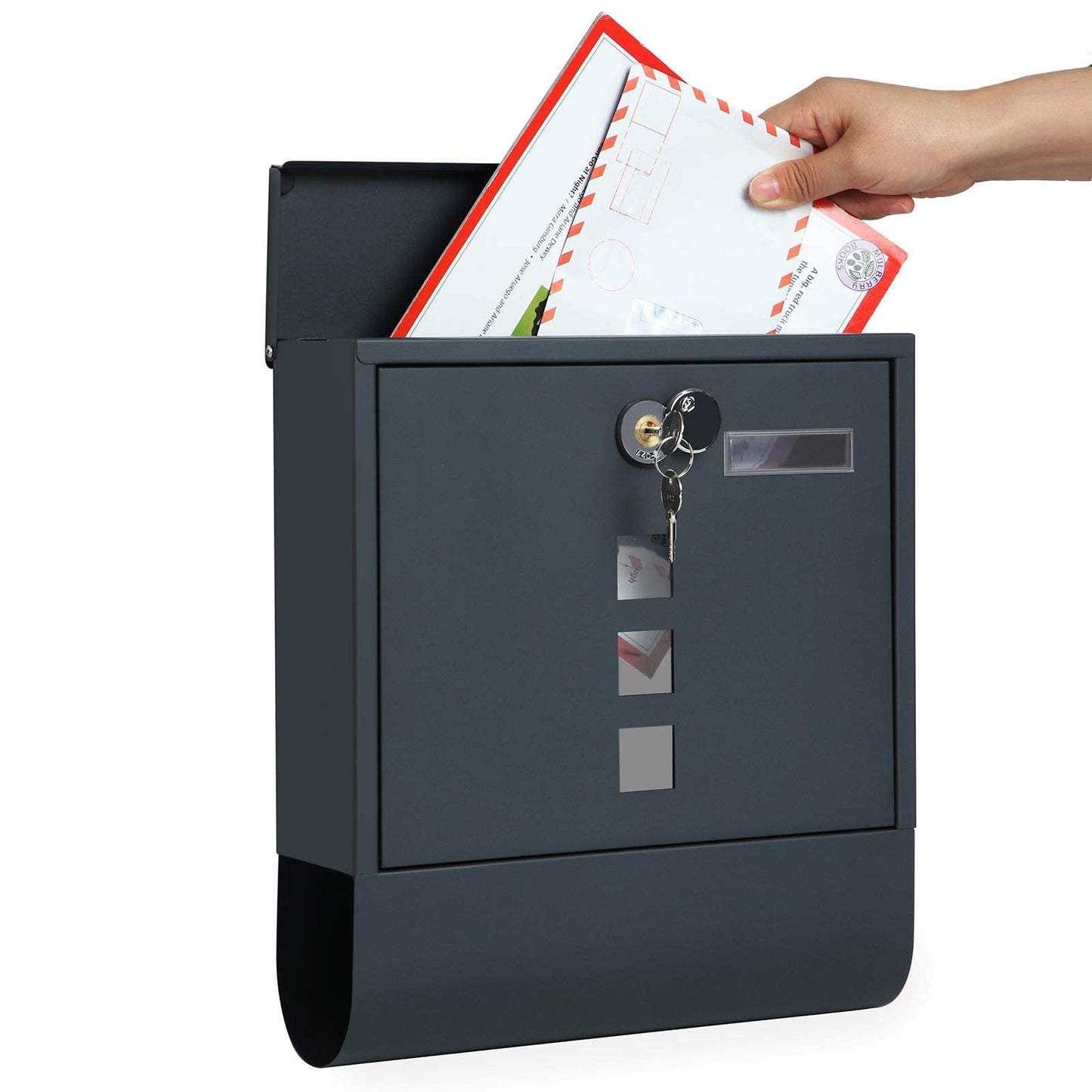 SONGMICS Wandbriefkasten, mit Schloss mit Drehdeckel, Sichtfenster, Namensschild, Zeitungsfach, einfache Montage, 10 x 30,8 x 33,8 cm, Anthrazitgrau GMB20AG