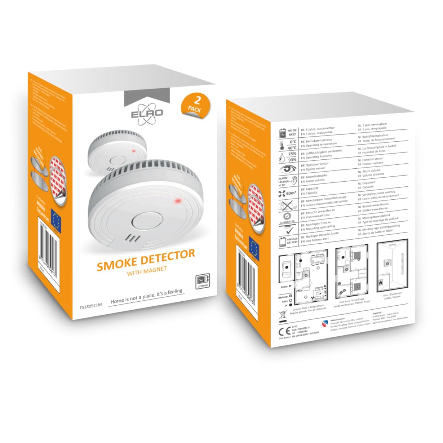 ELRO FS1805M | 2-Teiliges Rauchmelder-Set | Magnetisches Befestigungsset | 5 Jahre Batterie | Entspricht der europäischen Norm EN14604 | Weiß | Set mit 2 Stück