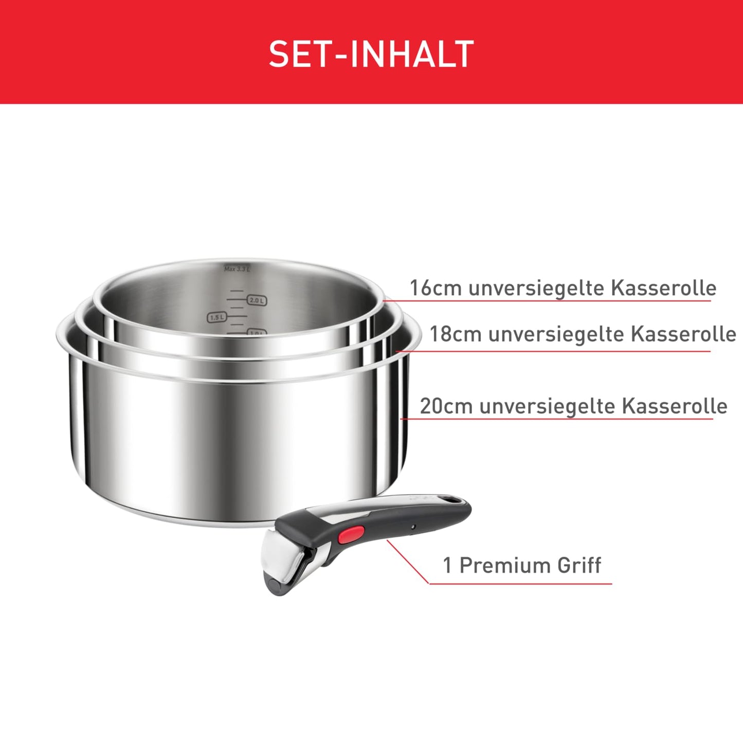 Tefal Ingenio Preference On 4-teiliges Kasserollenset, Edelstahl Topfset mit abnehmbarem Griff