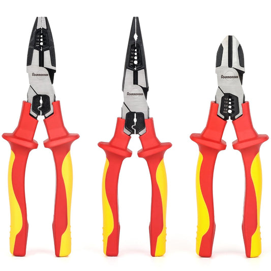 FOURROBBER 3 tlg VDE 60CrV Isolierter Zangen Set, Universal Kombizange,Spitzzange und Seitenschneider, mit isolierten Griffen,VDE-geprüft 1000V