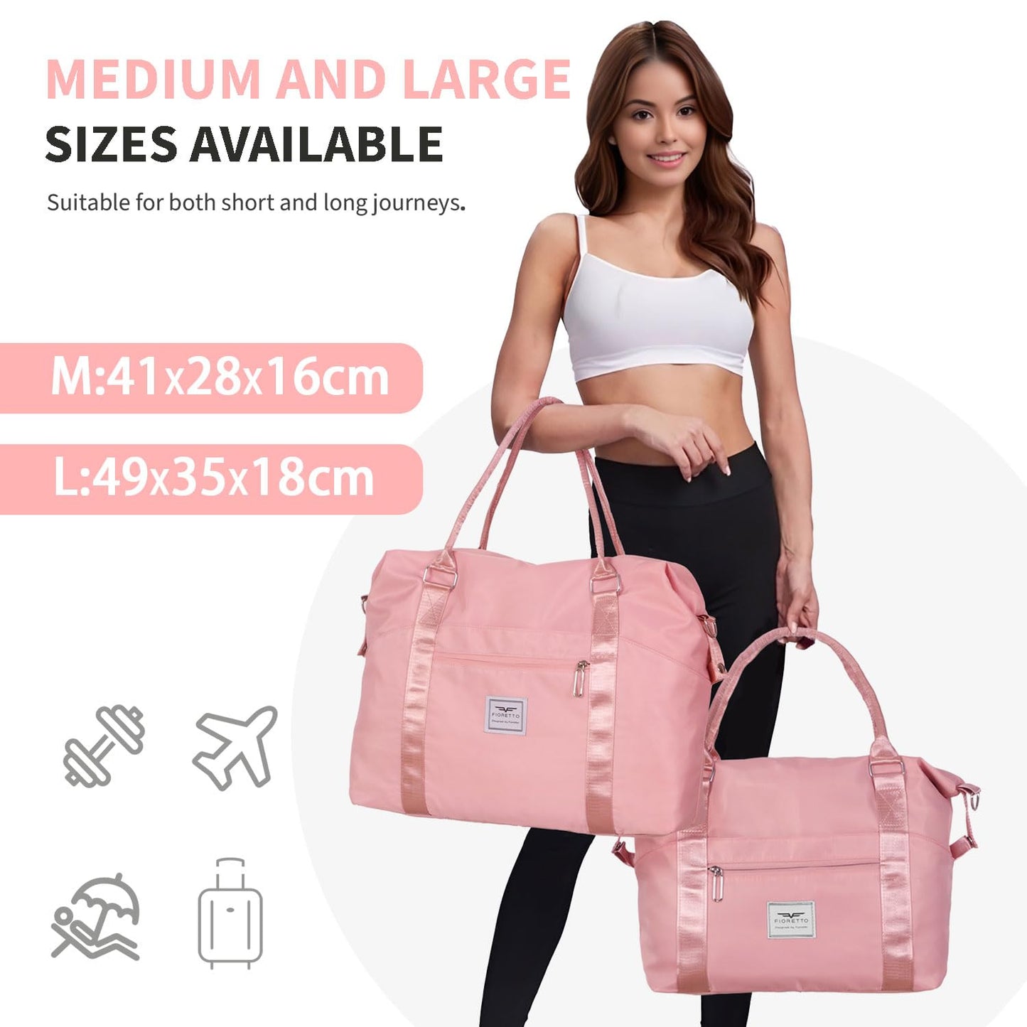 FIORETTO Damen Reisetasche Sporttasche Handgepäck Weekender Bag Schwimmtasche Wasserdicht Travel Bag Duffle Bag Fitnesstasche Trainingstasche für Damen Rosa Large