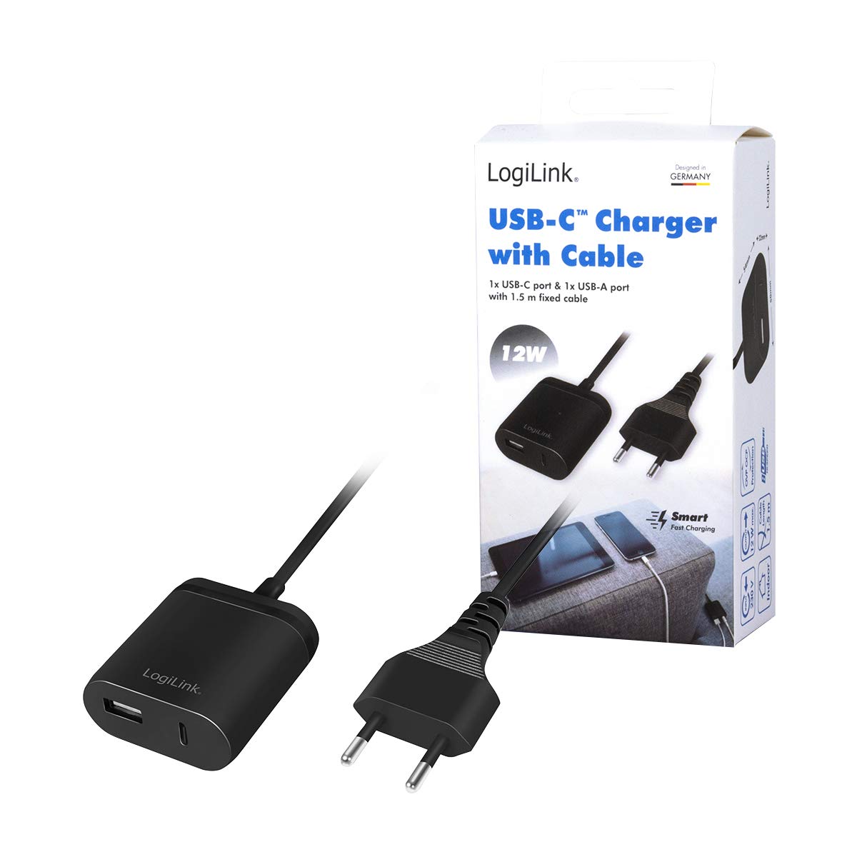 "Komfortabel Laden: 1,5m USB-C Adapter für 2 Geräte gleichzeitig, Schwarz"