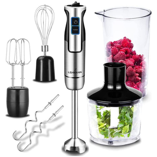"Vielseitiger 6-in-1 Stabmixer: 1300 W Turbo-Power in elegantem Silber!"