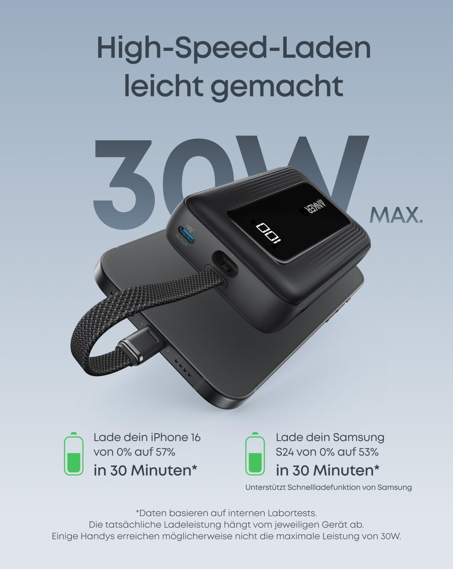 Anker Powerbank Schwarz - 10.000mAh, 30W Schnellladung für unterwegs