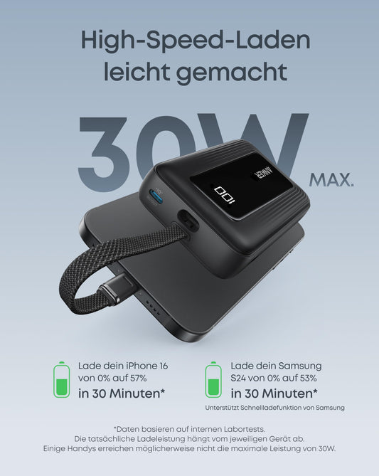 Anker Powerbank Schwarz - 10.000mAh, 30W Schnellladung für unterwegs