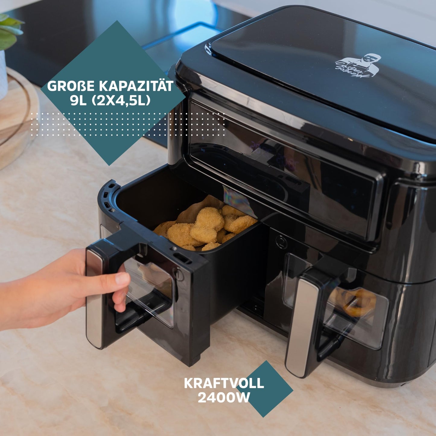 "Kochen leicht gemacht: 9L Doppelkammer-Heißluftfritteuse in Schwarz"