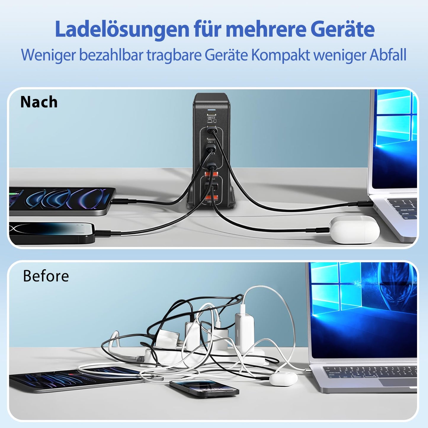 "Power für alle: 8-fach USB-Ladegerät in Schwarz für schnelles Laden"