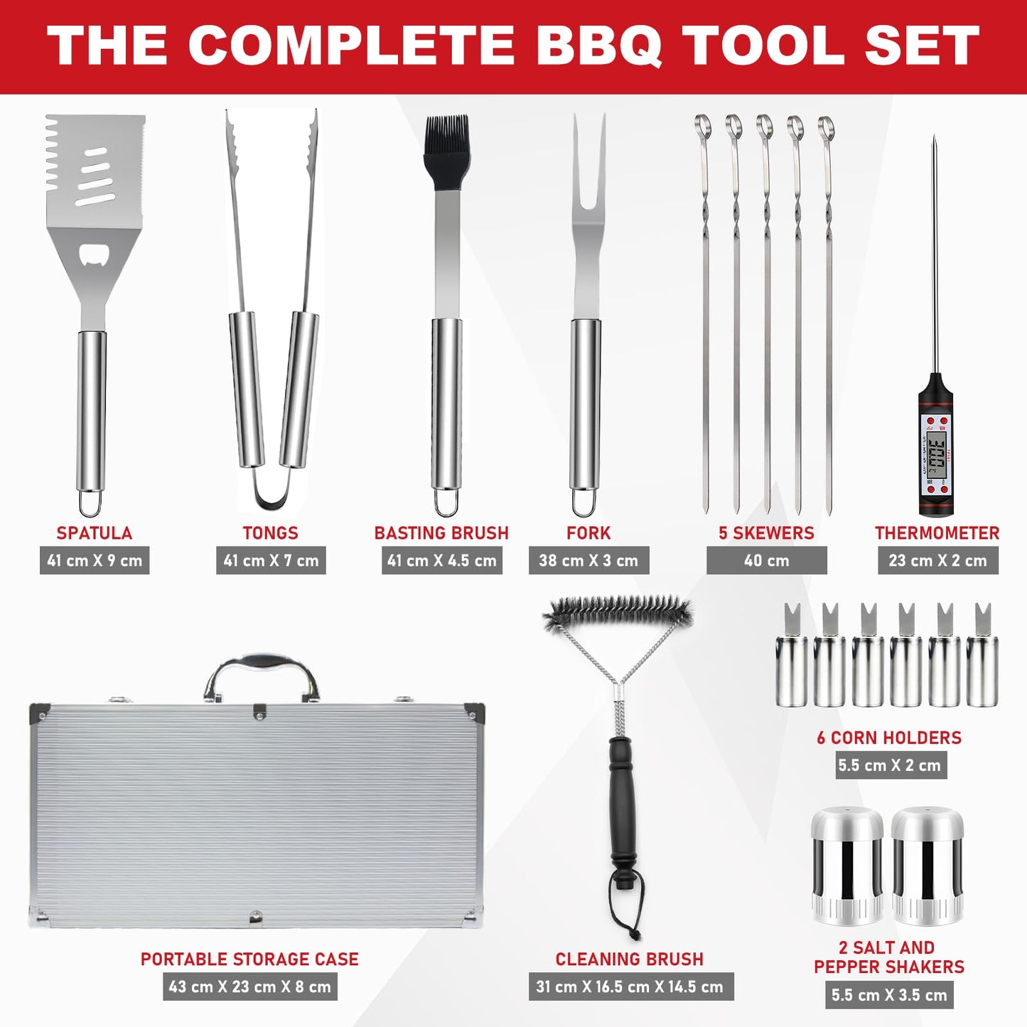 "Vollständiges 20er Grillzubehör-Set in Edelstahl – Perfekt für Grillmeister!"