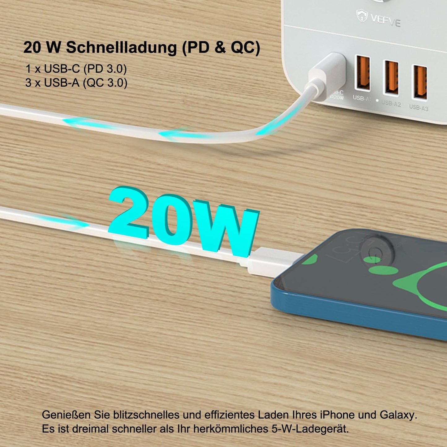 VEFVE 7-in-1 Steckdosenwürfel mit USB - Kompakt und Effizient