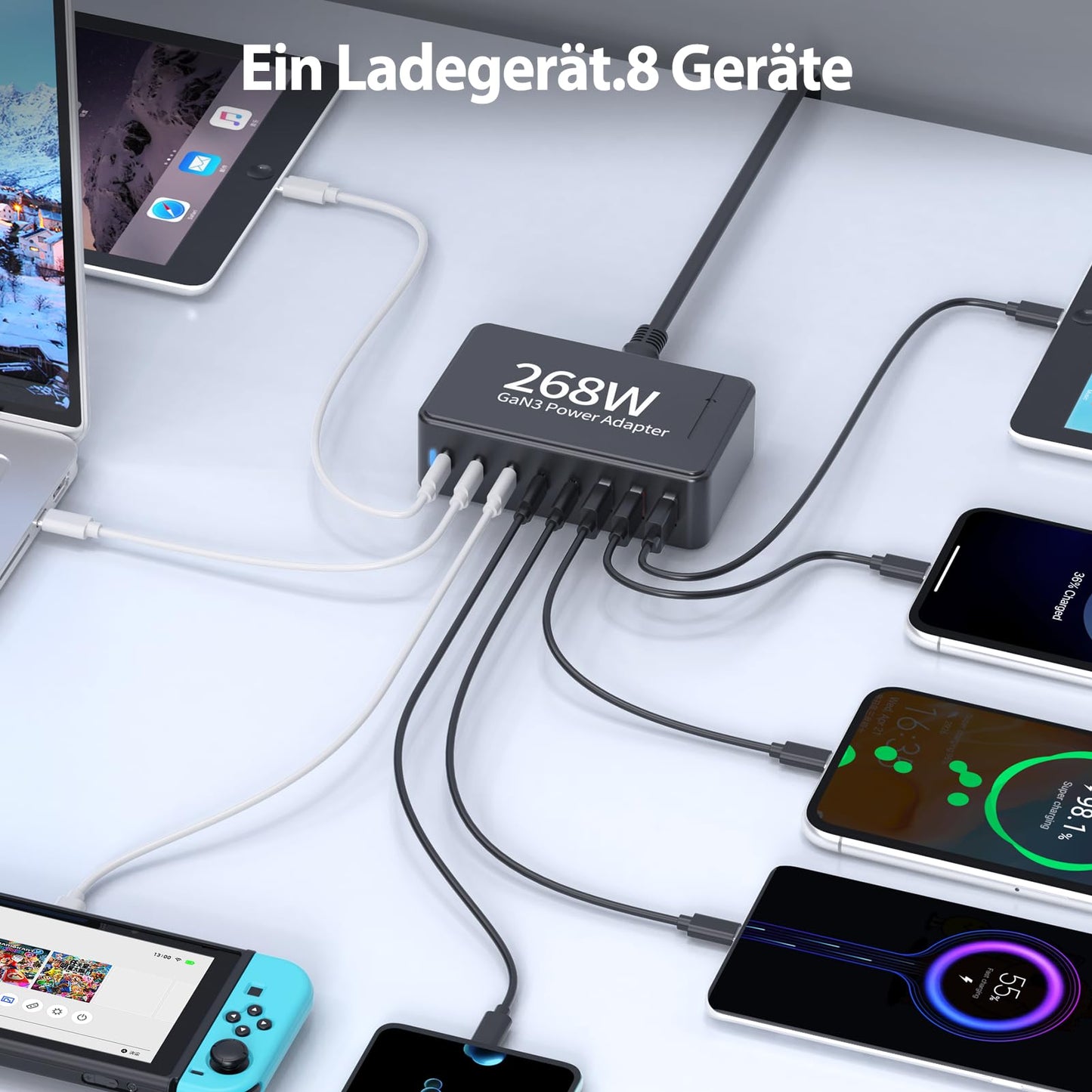 "Power für alle: 8-fach USB-Ladegerät in Schwarz für schnelles Laden"