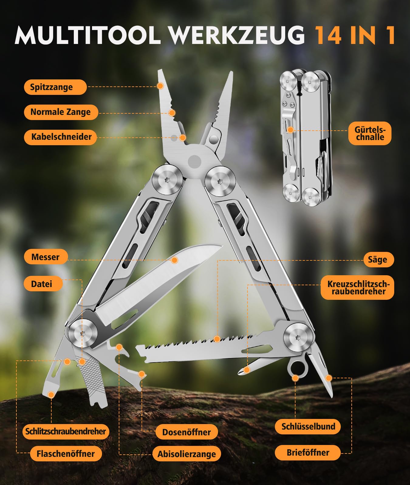 Rolgno Multitool 14 in 1 - Vielseitig, Praktisch, Unentbehrlich!