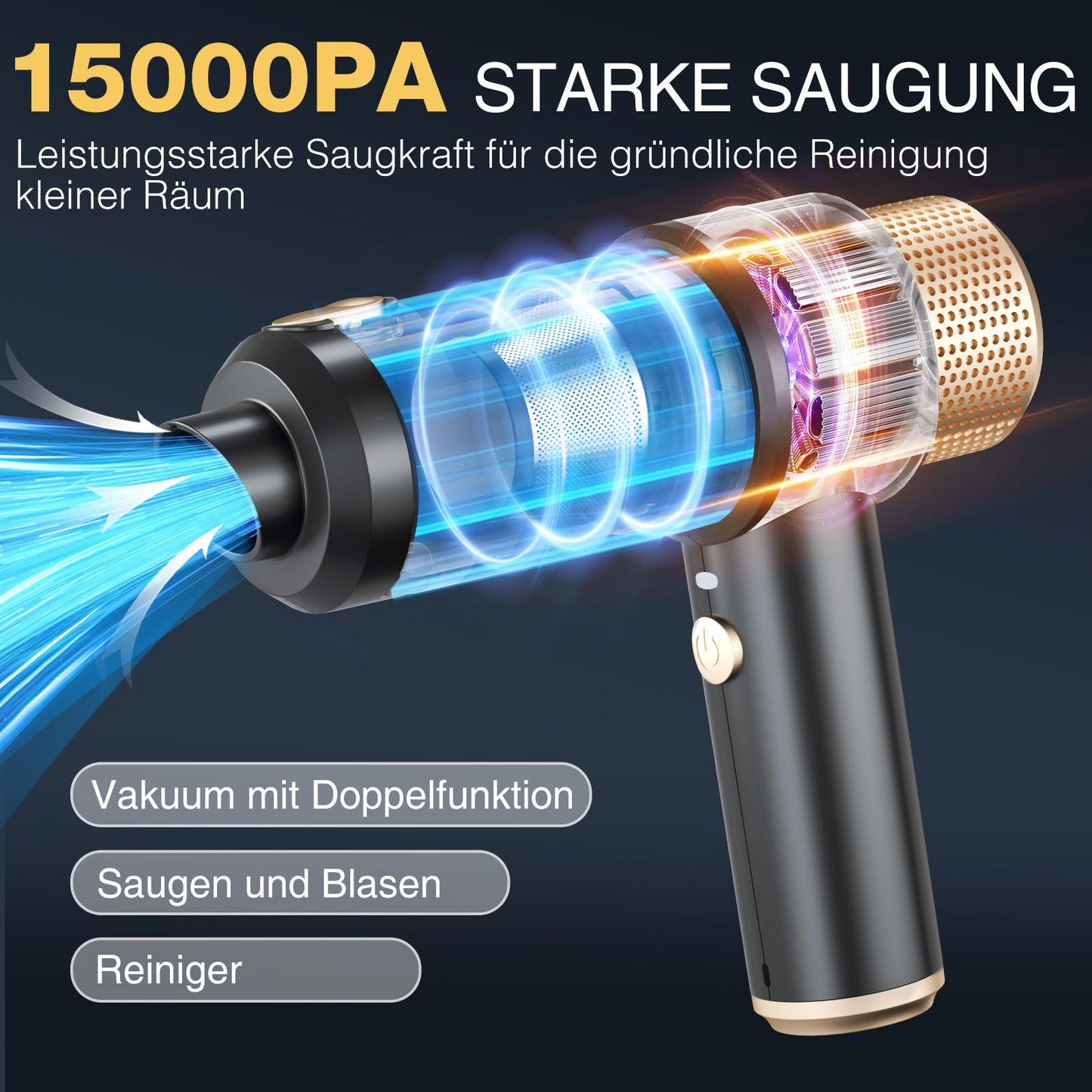 Dealswin 4-in-1 Handstaubsauger Kabellos, 15KPA Stark Auto Mini Staubsauger Tastatursauger, 100500 U/min Druckluft Staubgebläse Akku Druckluftspray für Auto Haus Büro PC Tierhaar (Schwarz)