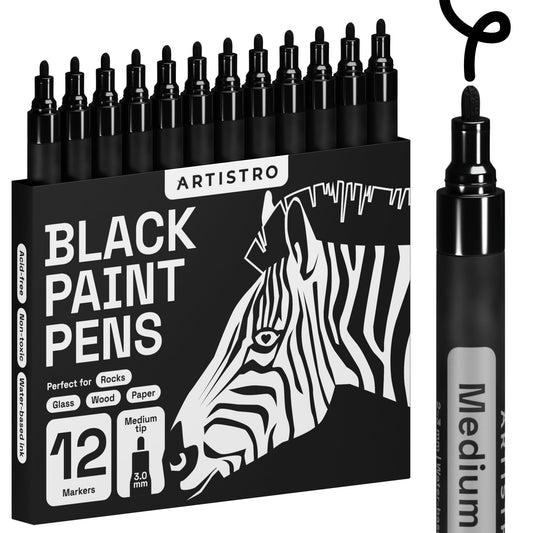 Artistro 12 Acrylstifte Schwarz, Stifte für Steine, Zeichenstifte Felsmalerei, Keramik, Glas, Holz, Stoff, Metall, Leinwand, DYI, Acrylfarbe Permanent Marker Schwarz mit Medium-Feiner Spitze
