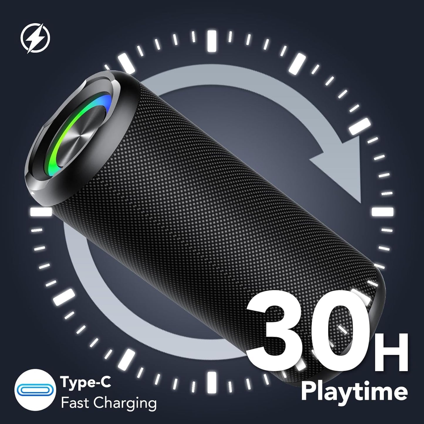 Bluetooth Lautsprecher mit Licht, Bluetooth 5.4 Musikbox, 30W Dual Lautsprecher, Duale Bass-Treiber, 30 Std Akku, IPX7 wasserdicht, TWS Paarung, AUX, TF Karte, Geeignet Outdoor/Party/Reisen, Schwarz