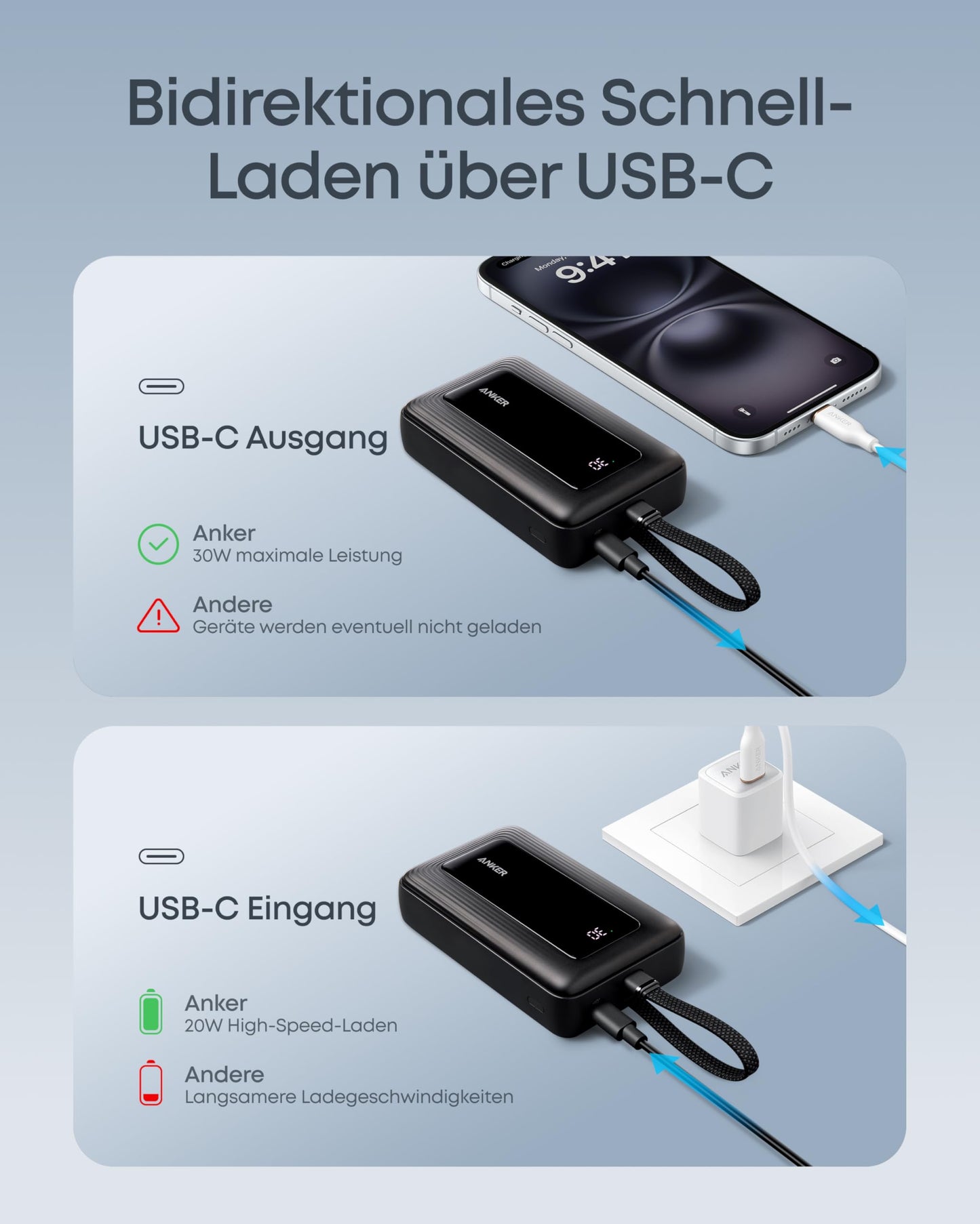 Anker Powerbank Schwarz - 10.000mAh, 30W Schnellladung für unterwegs