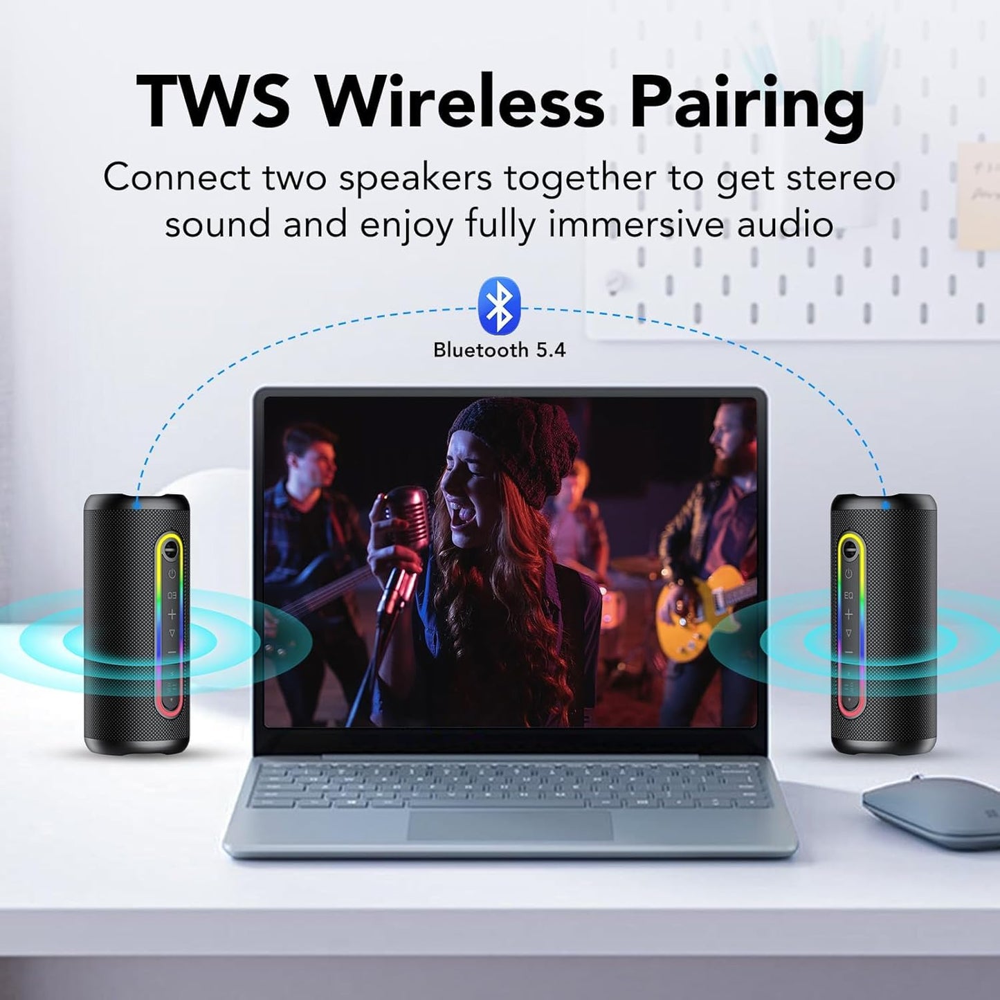 Bluetooth Lautsprecher mit Licht, Bluetooth 5.4 Musikbox, 30W Dual Lautsprecher, Duale Bass-Treiber, 30 Std Akku, IPX7 wasserdicht, TWS Paarung, AUX, TF Karte, Geeignet Outdoor/Party/Reisen, Schwarz