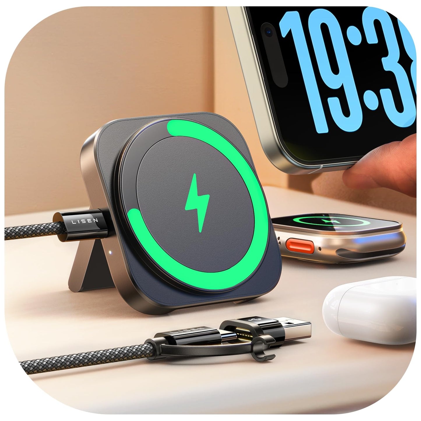"Praktischer 3-in-1 Reise-Lader: Magsafe für iPhone, Uhr & AirPods in Schwarz!"