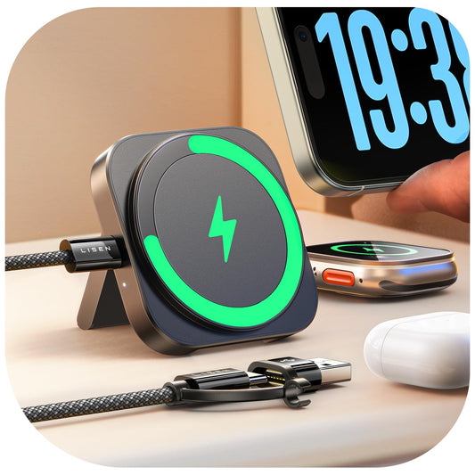 "Praktischer 3-in-1 Reise-Lader: Magsafe für iPhone, Uhr & AirPods in Schwarz!"
