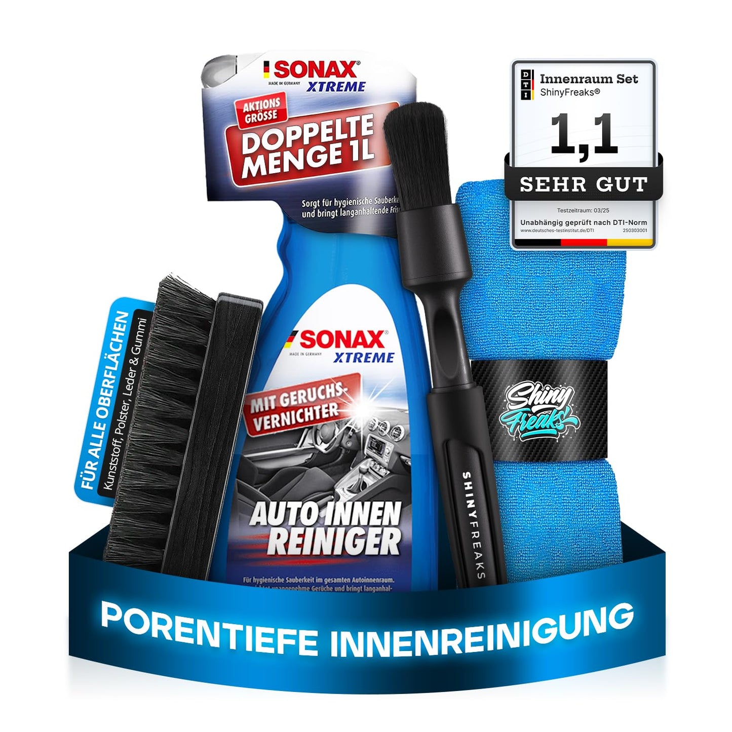 SONAX XTREME (1L) Innenraumreiniger + Bürste + chemicalworkz Pinsel + Shiny Freaks Mikrofasertuch - Auto Innenraum Reiniger, Kunststoff, Polster, Leder, Cockpitpflege, Auto Reinigungsset
