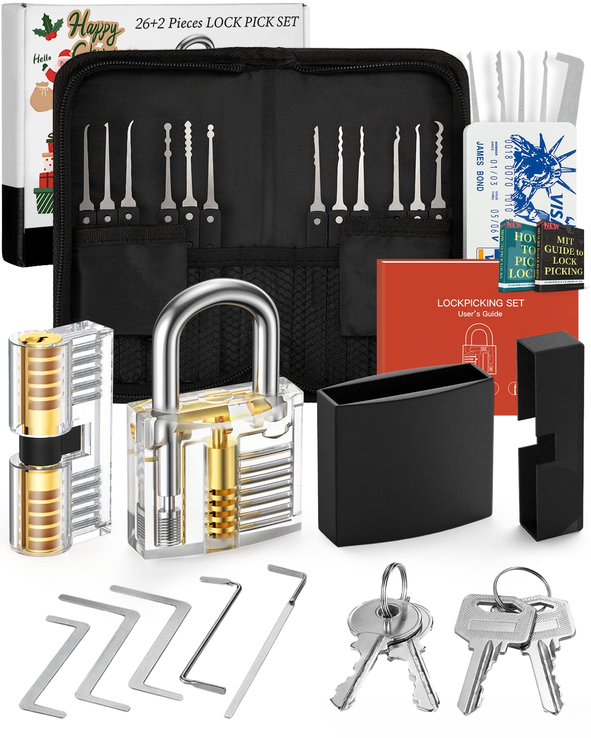 FAHEFANA Lockpicking Set, [2024 Neue Herausforderung & Geschenk für Anfänger] 26 Stück Dietrich Set mit übungsschloss im Kreditkartenformat & Anleitung für Anfänger und Profis Black