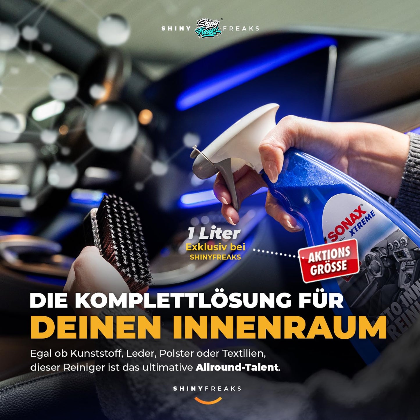 SONAX XTREME (1L) Innenraumreiniger + Bürste + chemicalworkz Pinsel + Shiny Freaks Mikrofasertuch - Auto Innenraum Reiniger, Kunststoff, Polster, Leder, Cockpitpflege, Auto Reinigungsset