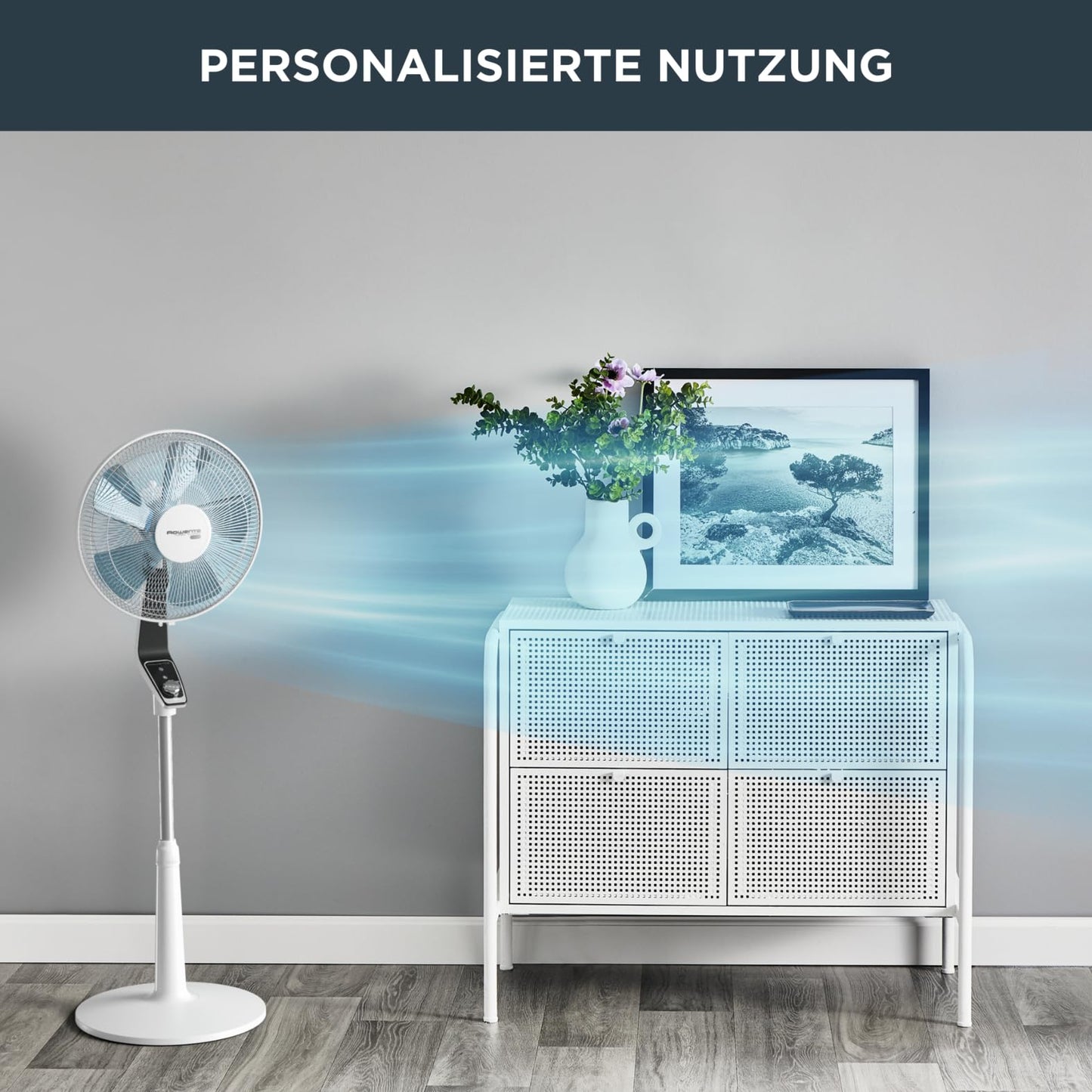 "Erfrischende Stille: Leiser Standventilator in elegantem Weiß/Schwarz"