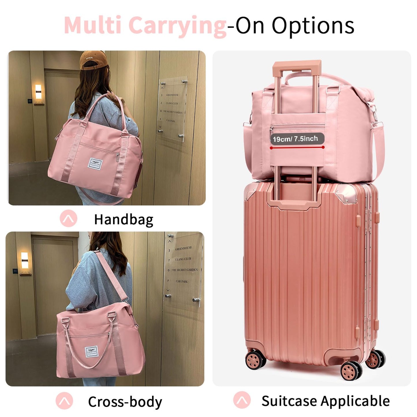 FIORETTO Damen Reisetasche Sporttasche Handgepäck Weekender Bag Schwimmtasche Wasserdicht Travel Bag Duffle Bag Fitnesstasche Trainingstasche für Damen Rosa Large