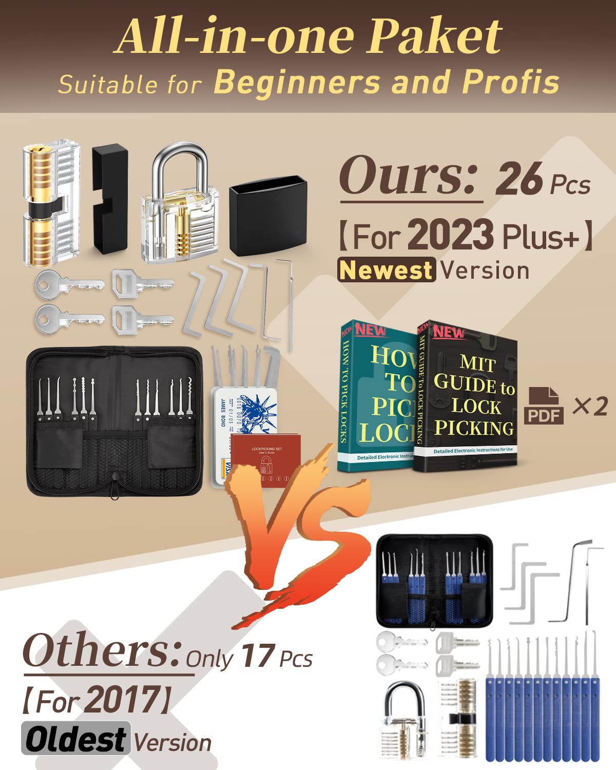 FAHEFANA Lockpicking Set, [2024 Neue Herausforderung & Geschenk für Anfänger] 26 Stück Dietrich Set mit übungsschloss im Kreditkartenformat & Anleitung für Anfänger und Profis Black