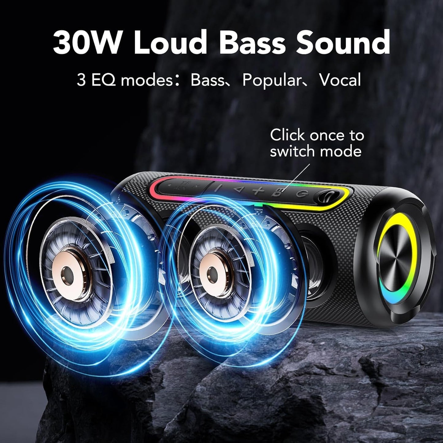 Bluetooth Lautsprecher mit Licht, Bluetooth 5.4 Musikbox, 30W Dual Lautsprecher, Duale Bass-Treiber, 30 Std Akku, IPX7 wasserdicht, TWS Paarung, AUX, TF Karte, Geeignet Outdoor/Party/Reisen, Schwarz