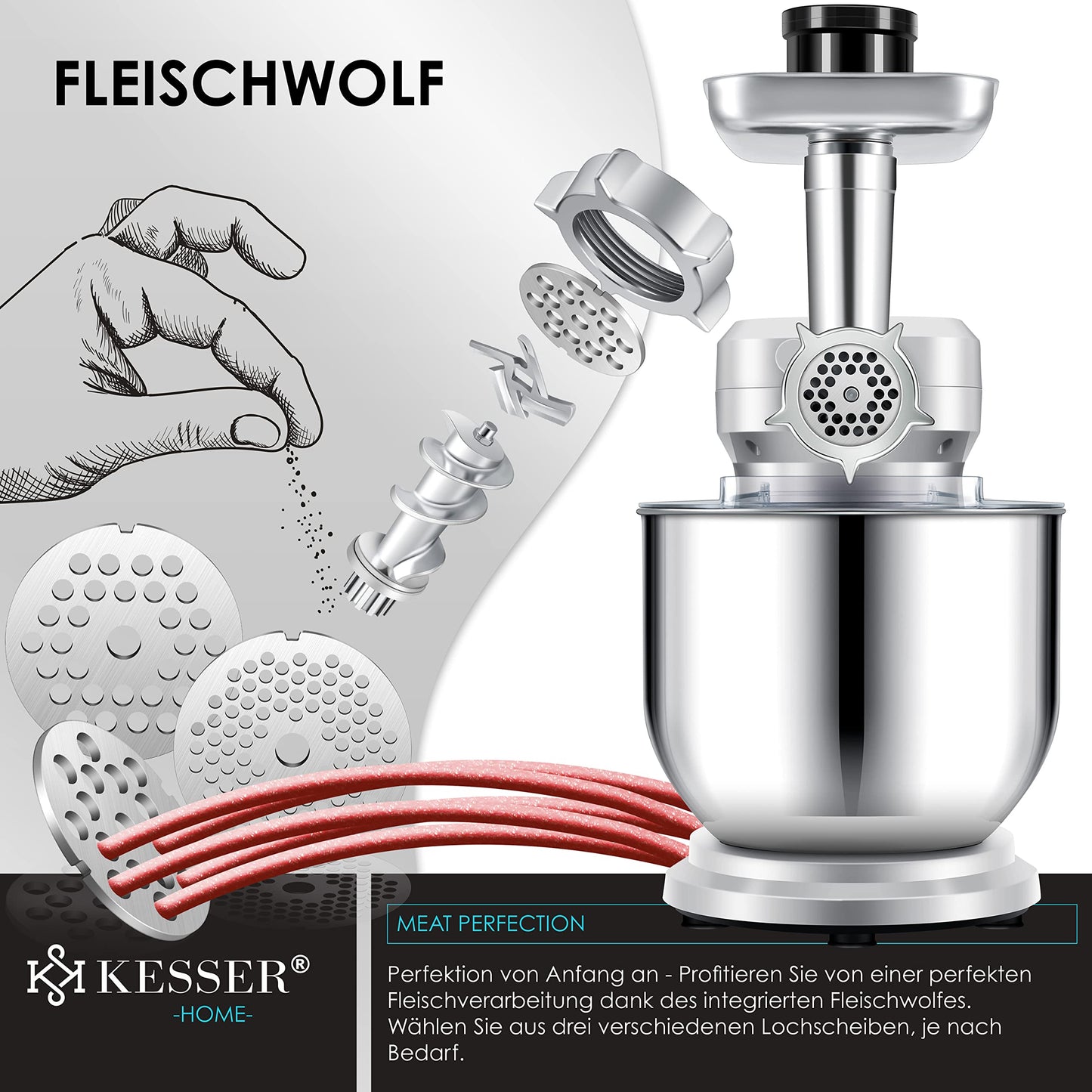 "Vielseitigkeit in Silber: 3in1 Küchenmaschine mit 5,5L Schüssel und Zubehör"