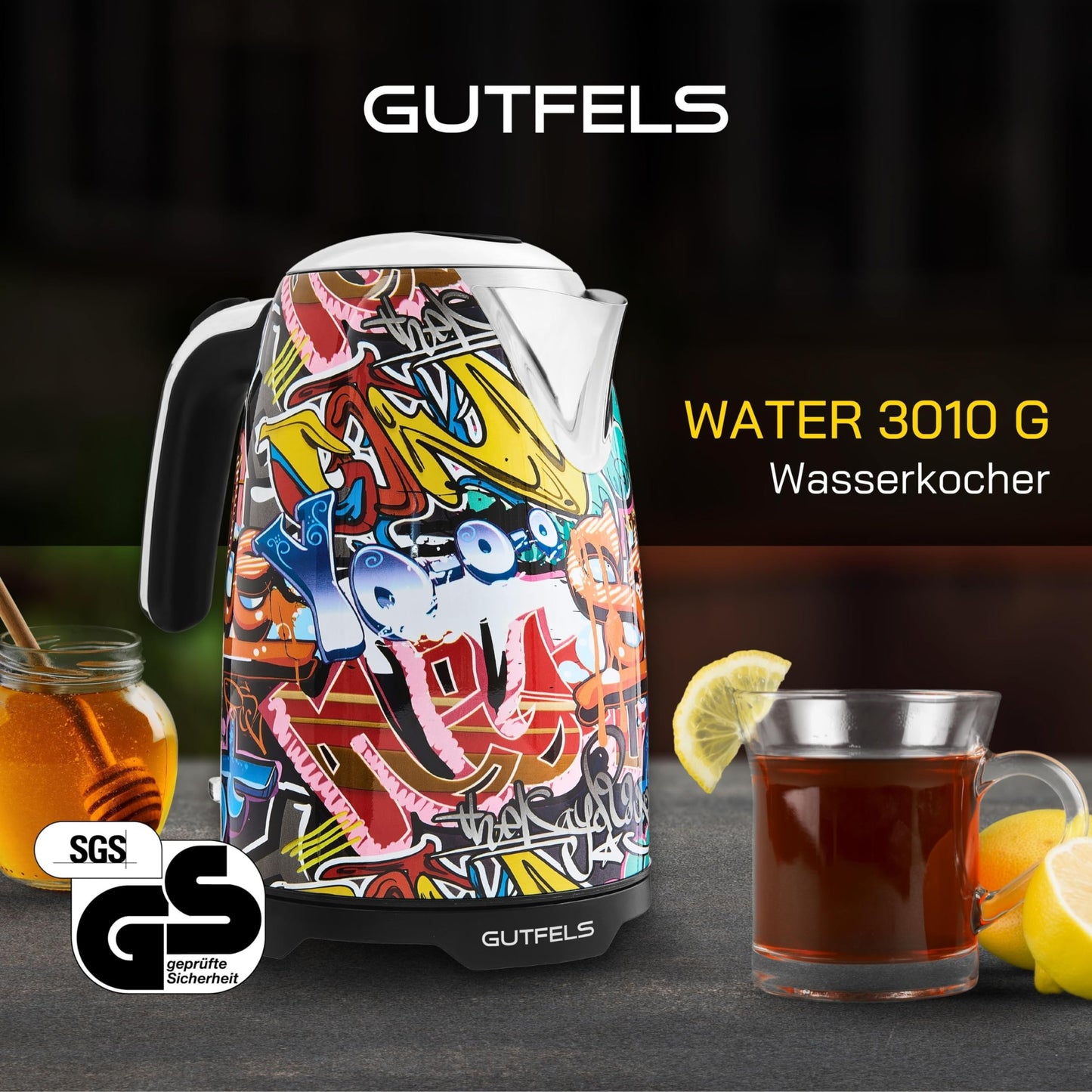 "Schnell erhitzendes Wasser: 1,7L Graffiti-Stil Wasserkocher für frischen Genuss"