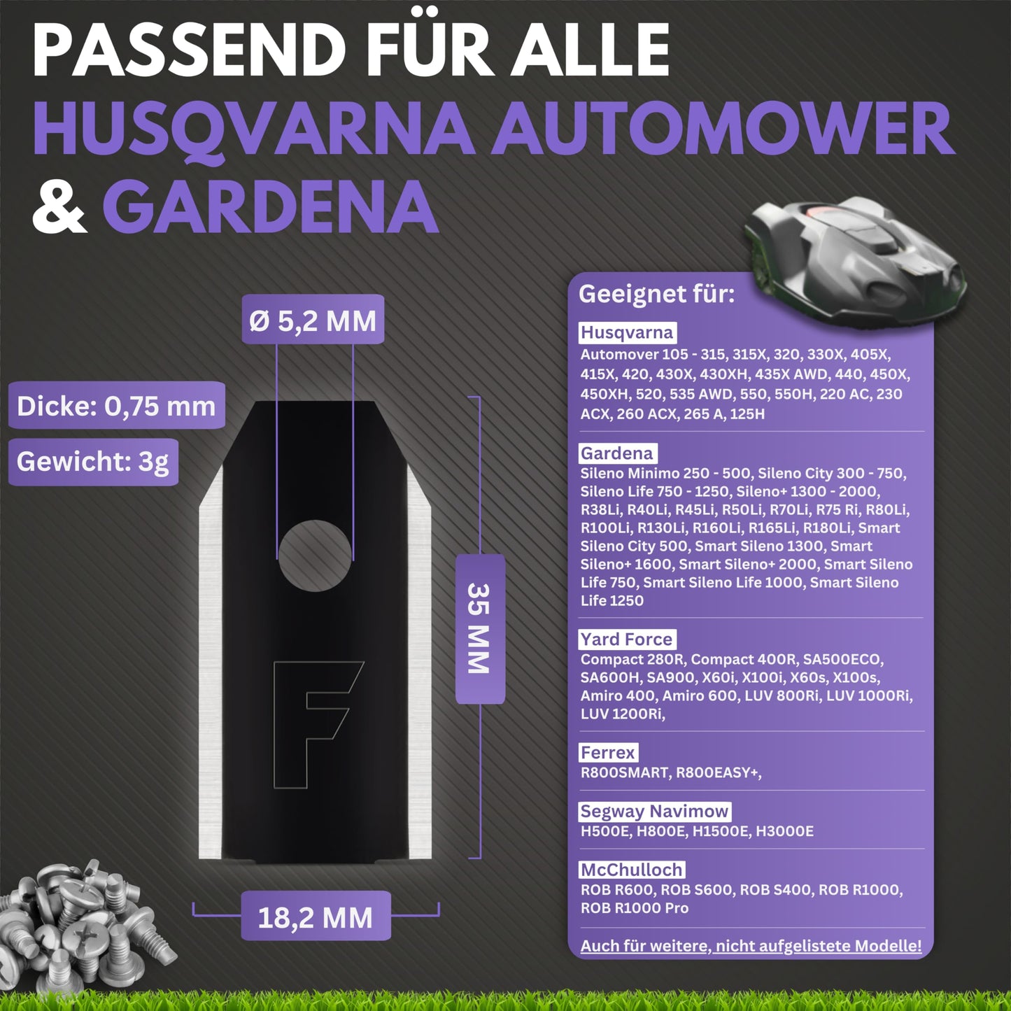 Filzada Mähroboter Messer Carbon - 45 Stk - Höchste Kompatibilität