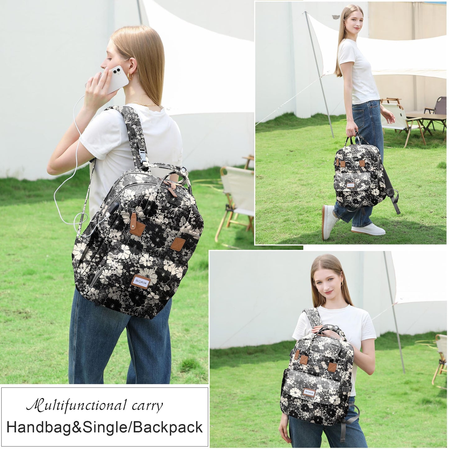 "Multifunktionaler Rucksack in Blumenoptik: Praktisch für Reisen & Einkäufe!"